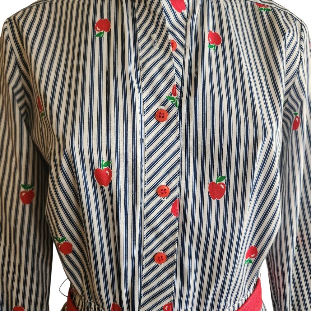 Vintage Lanz 1970s Belted Shirt Dress Teacher Apple Stripes Print Size 11/12 - Picture 13 of 16